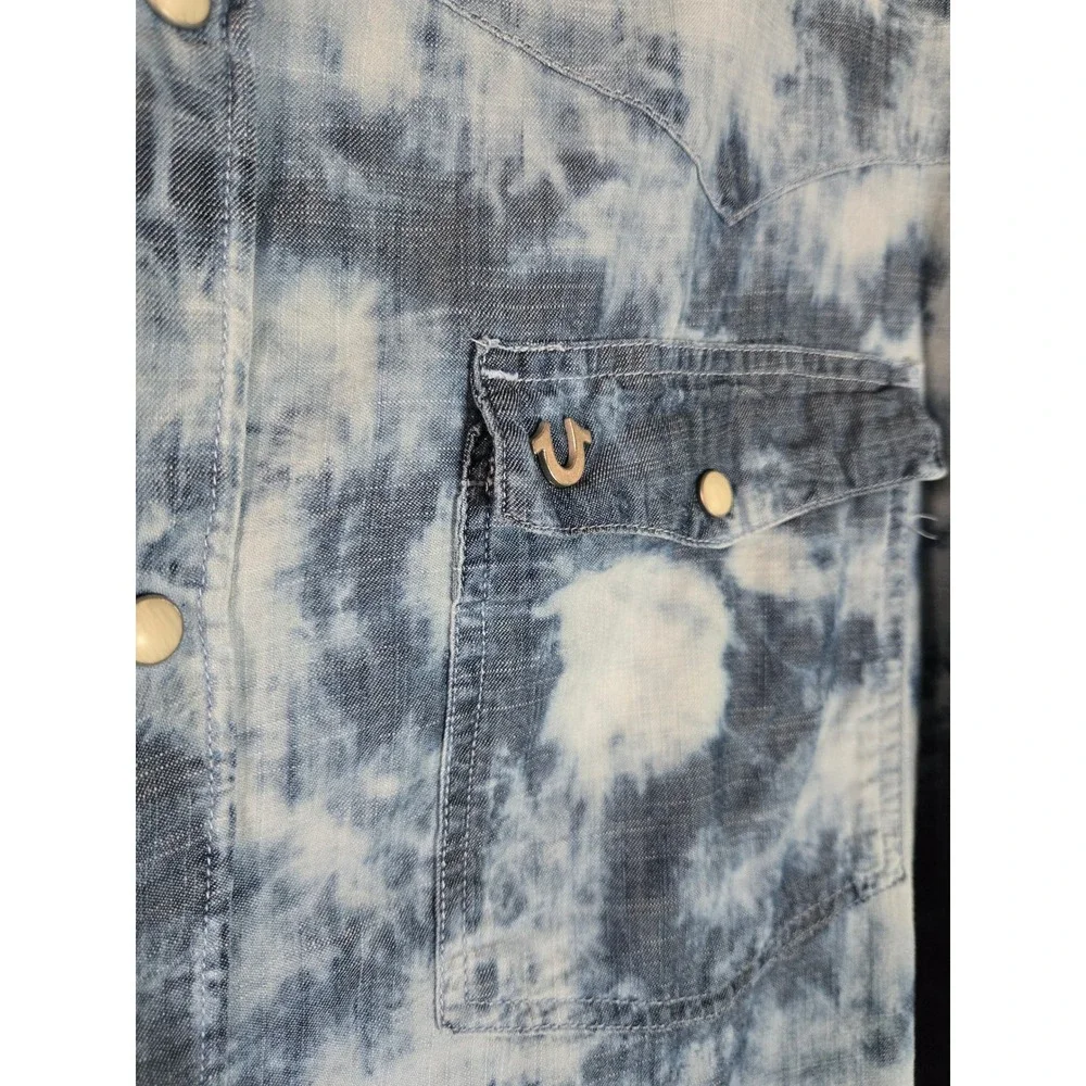 True Religion Tie Dye Western Shirt‎ Indigo Bleached Snap Button Denim